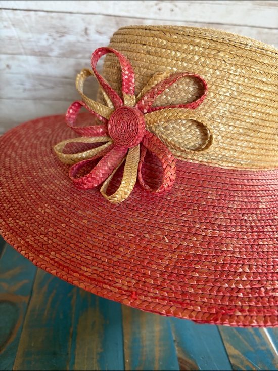 Vintage Liz Claiborne Two-Tone Straw Sun Hat in Natural and Red main image 9
